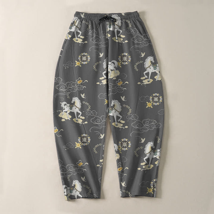 Buddha Stones Pantalon fuselé pour homme en pur coton blanc à motif de chevaux et de fleurs de nuages, avec cordon de serrage et poches. - image 9