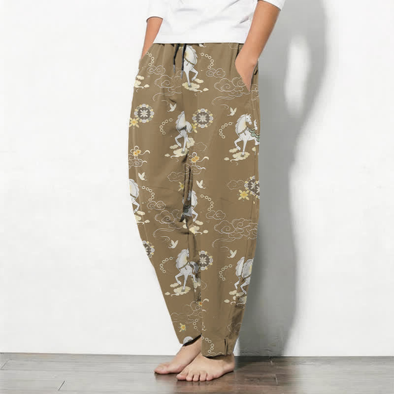 Buddha Stones Pantalon fuselé pour homme en pur coton blanc à motif de chevaux et de fleurs de nuages, avec cordon de serrage et poches. - image 12