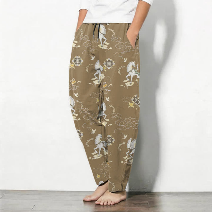 Buddha Stones Pantalon fuselé pour homme en pur coton blanc à motif de chevaux et de fleurs de nuages, avec cordon de serrage et poches. - image 12