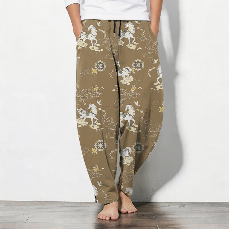 Buddha Stones Pantalon fuselé pour homme en pur coton blanc à motif de chevaux et de fleurs de nuages, avec cordon de serrage et poches. - Tanné - US/UK/AU50，EU60 (5XL) - image 11