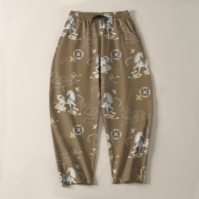 Buddha Stones Pantalon fuselé pour homme en pur coton blanc à motif de chevaux et de fleurs de nuages, avec cordon de serrage et poches. - image 13