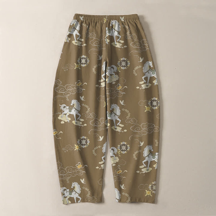 Buddha Stones Pantalon fuselé pour homme en pur coton blanc à motif de chevaux et de fleurs de nuages, avec cordon de serrage et poches. - image 14