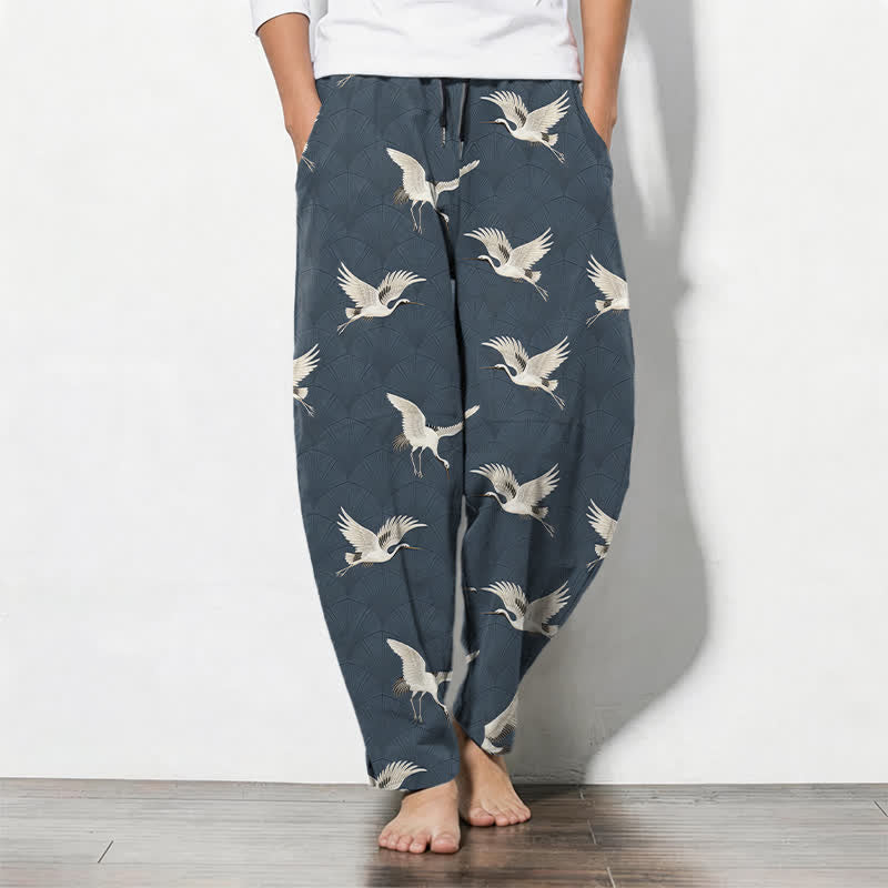 Buddha Stones Pantalon fuselé pour homme en pur coton avec cordon de serrage et poches, motif grue blanche en vol. - SteelBlue - US/UK/AU50，EU60 (5XL) - image 0