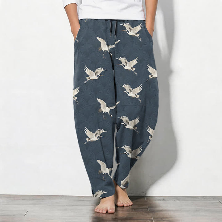 Buddha Stones Pantalon fuselé pour homme en pur coton avec cordon de serrage et poches, motif grue blanche en vol. - SteelBlue - US/UK/AU50，EU60 (5XL) - image 0