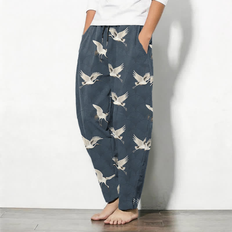 Buddha Stones Pantalon fuselé pour homme en pur coton avec cordon de serrage et poches, motif grue blanche en vol. - image 1