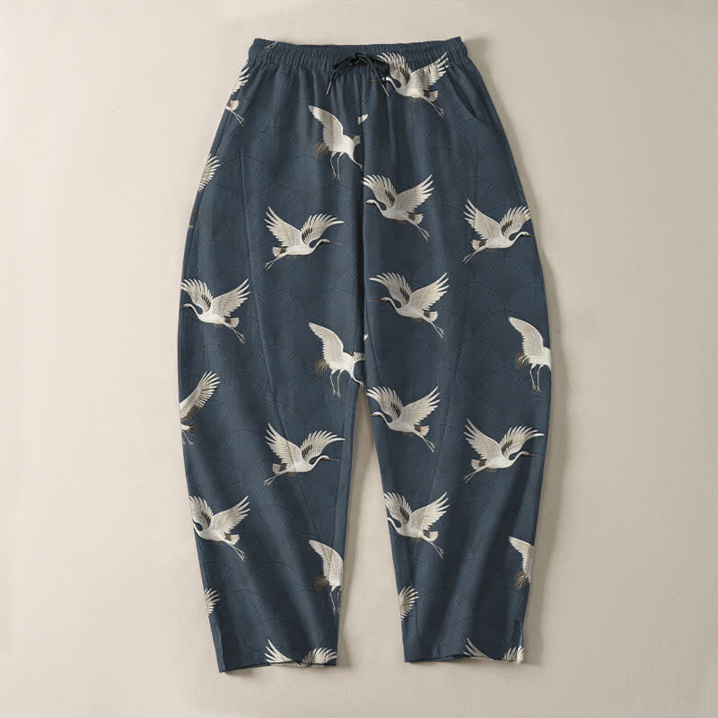 Buddha Stones Pantalon fuselé pour homme en pur coton avec cordon de serrage et poches, motif grue blanche en vol. - image 2