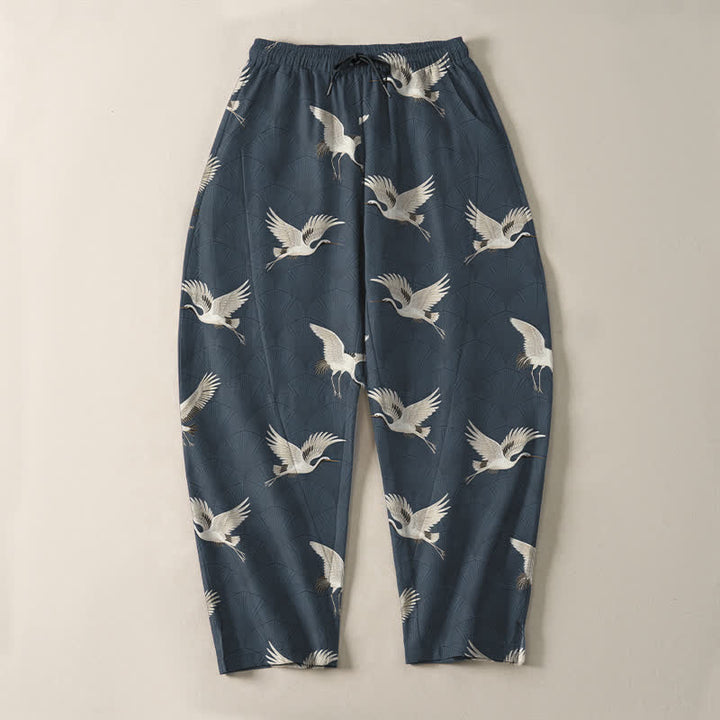 Buddha Stones Pantalon fuselé pour homme en pur coton avec cordon de serrage et poches, motif grue blanche en vol. - image 2