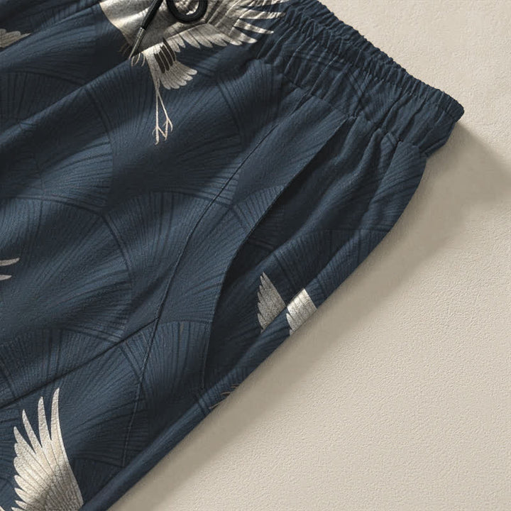 Buddha Stones Pantalon fuselé pour homme en pur coton avec cordon de serrage et poches, motif grue blanche en vol. - image 4
