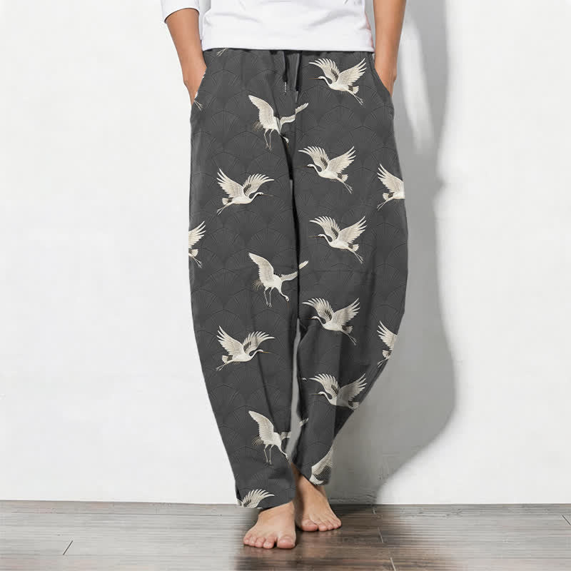 Buddha Stones Pantalon fuselé pour homme en pur coton avec cordon de serrage et poches, motif grue blanche en vol. - Gris sombre - US/UK/AU50，EU60 (5XL) - image 7