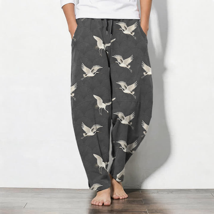 Buddha Stones Pantalon fuselé pour homme en pur coton avec cordon de serrage et poches, motif grue blanche en vol. - Gris sombre - US/UK/AU50，EU60 (5XL) - image 7