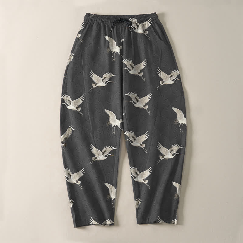 Buddha Stones Pantalon fuselé pour homme en pur coton avec cordon de serrage et poches, motif grue blanche en vol. - image 9
