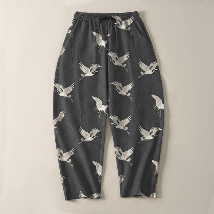 Buddha Stones Pantalon fuselé pour homme en pur coton avec cordon de serrage et poches, motif grue blanche en vol. - image 9