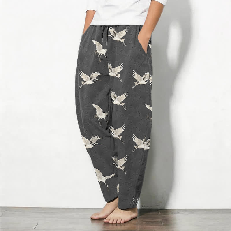 Buddha Stones Pantalon fuselé pour homme en pur coton avec cordon de serrage et poches, motif grue blanche en vol. - image 8