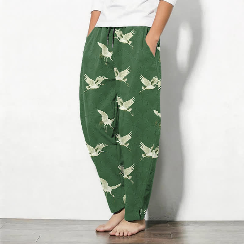 Buddha Stones Pantalon fuselé pour homme en pur coton avec cordon de serrage et poches, motif grue blanche en vol. - image 12