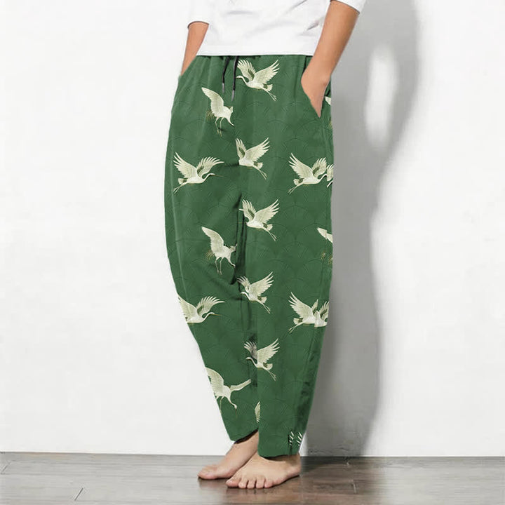 Buddha Stones Pantalon fuselé pour homme en pur coton avec cordon de serrage et poches, motif grue blanche en vol. - image 12