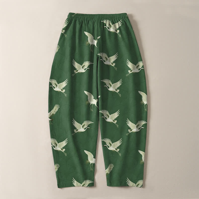 Buddha Stones Pantalon fuselé pour homme en pur coton avec cordon de serrage et poches, motif grue blanche en vol. - image 14