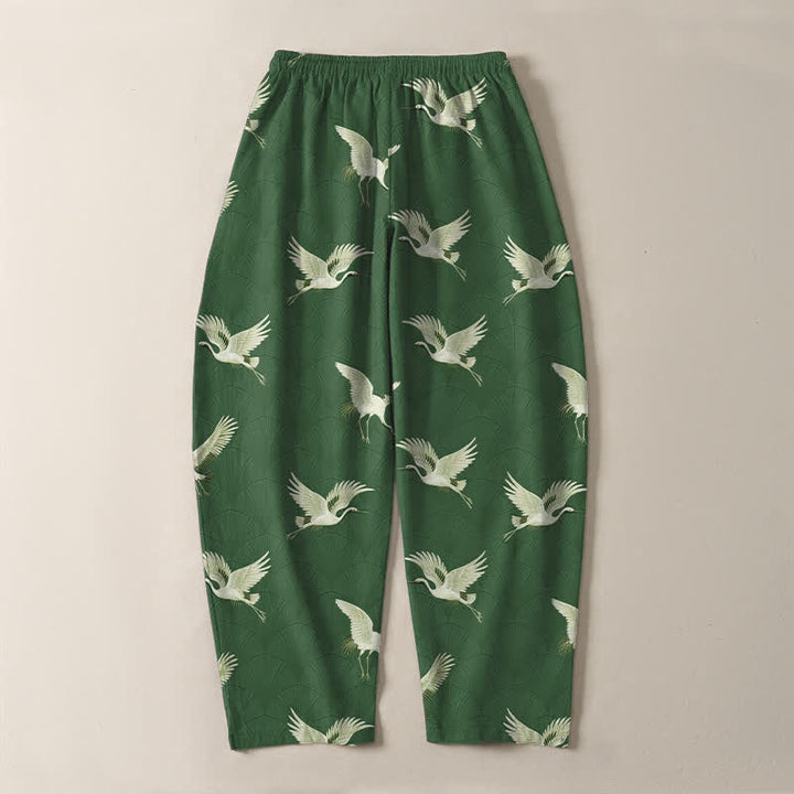 Buddha Stones Pantalon fuselé pour homme en pur coton avec cordon de serrage et poches, motif grue blanche en vol. - image 14