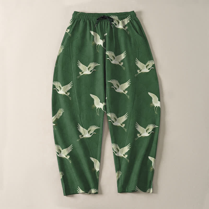 Buddha Stones Pantalon fuselé pour homme en pur coton avec cordon de serrage et poches, motif grue blanche en vol. - image 13