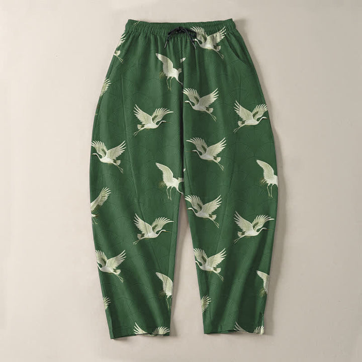 Buddha Stones Pantalon fuselé pour homme en pur coton avec cordon de serrage et poches, motif grue blanche en vol. - image 13