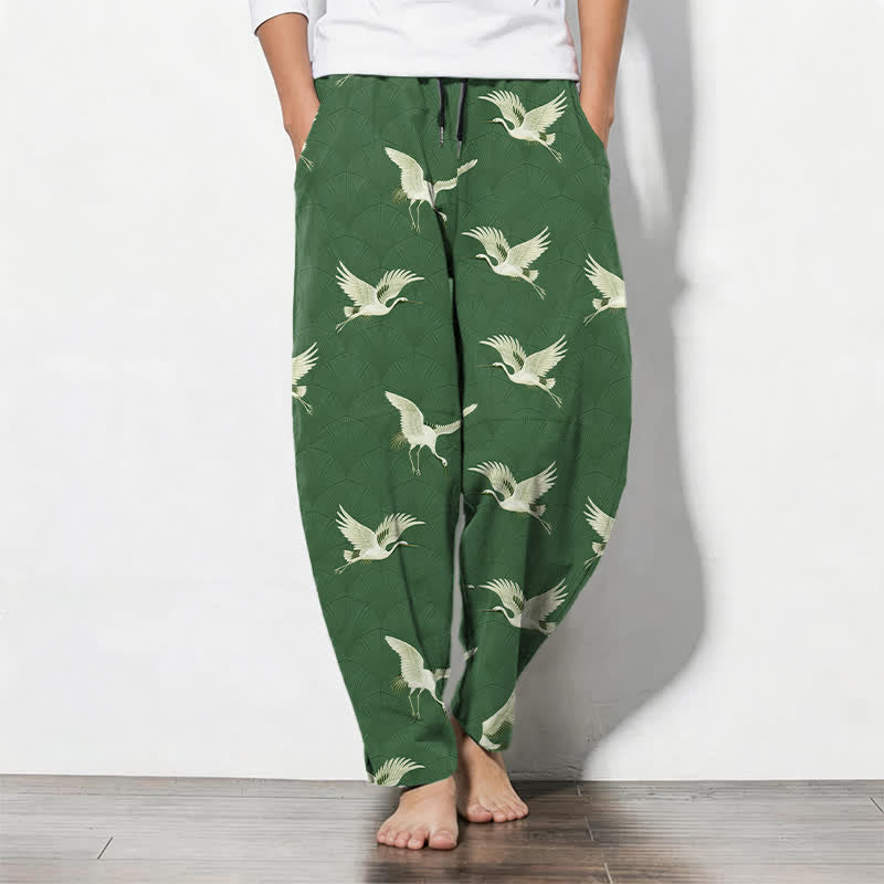 Buddha Stones Pantalon fuselé pour homme en pur coton avec cordon de serrage et poches, motif grue blanche en vol. - Vert forêt - US/UK/AU50，EU60 (5XL) - image 11