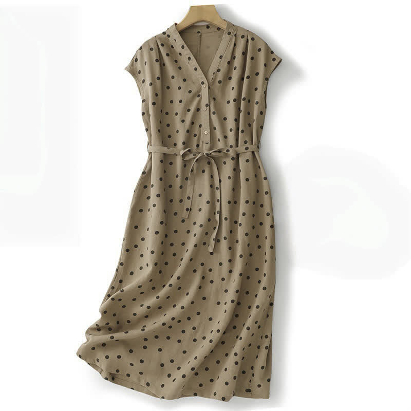 Robe d'été à pois Buddha Stones, col en V, lacets, longueur genou, poches - Tanné - US14，UK/AU18，EU46 (2XL) - image 0