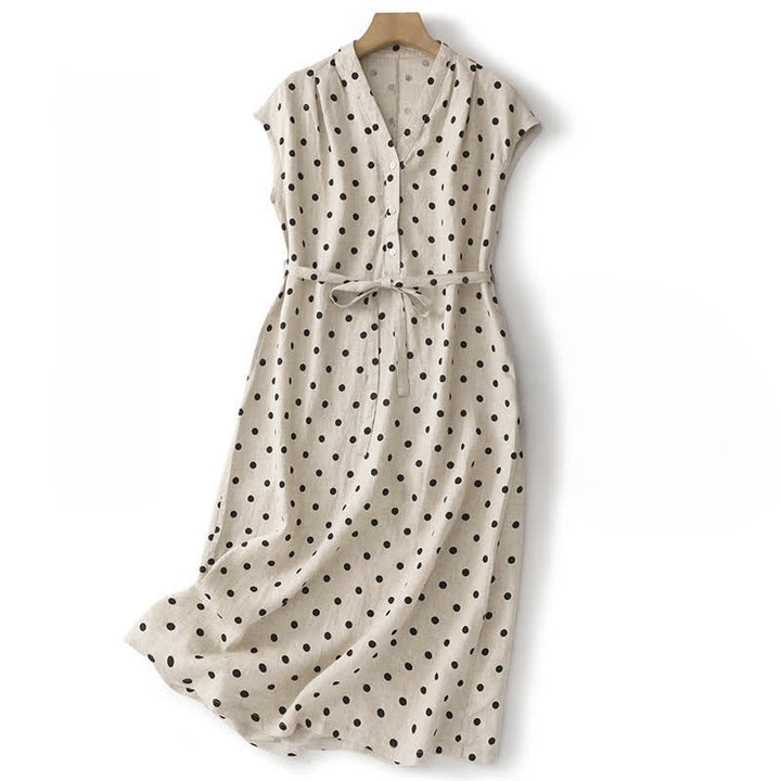 Robe d'été à pois Buddha Stones, col en V, lacets, longueur genou, poches - Blanc - US14，UK/AU18，EU46 (2XL) - image 8