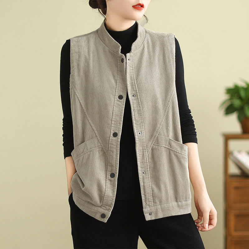 Gilet sans manches en coton côtelé avec poches pour femme Motif Buddha Stones - Beige - US8-10，UK/AU12-14，EU40-42 (2XL) - image 0