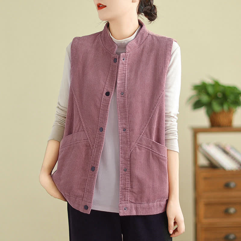 Gilet sans manches en coton côtelé avec poches pour femme Motif Buddha Stones - Rouge violet pâle - US8-10，UK/AU12-14，EU40-42 (2XL) - image 8