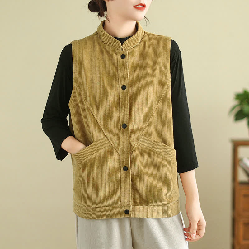 Gilet sans manches en coton côtelé avec poches pour femme Motif Buddha Stones - verge d'or - US8-10，UK/AU12-14，EU40-42 (2XL) - image 14