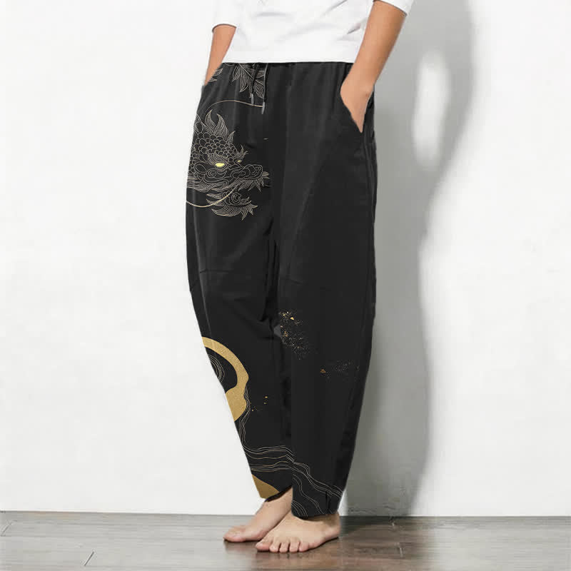 Buddha Stones Pantalon fuselé pour homme en pur coton avec cordon de serrage, motif vague et dragon doré, et poches. - image 1