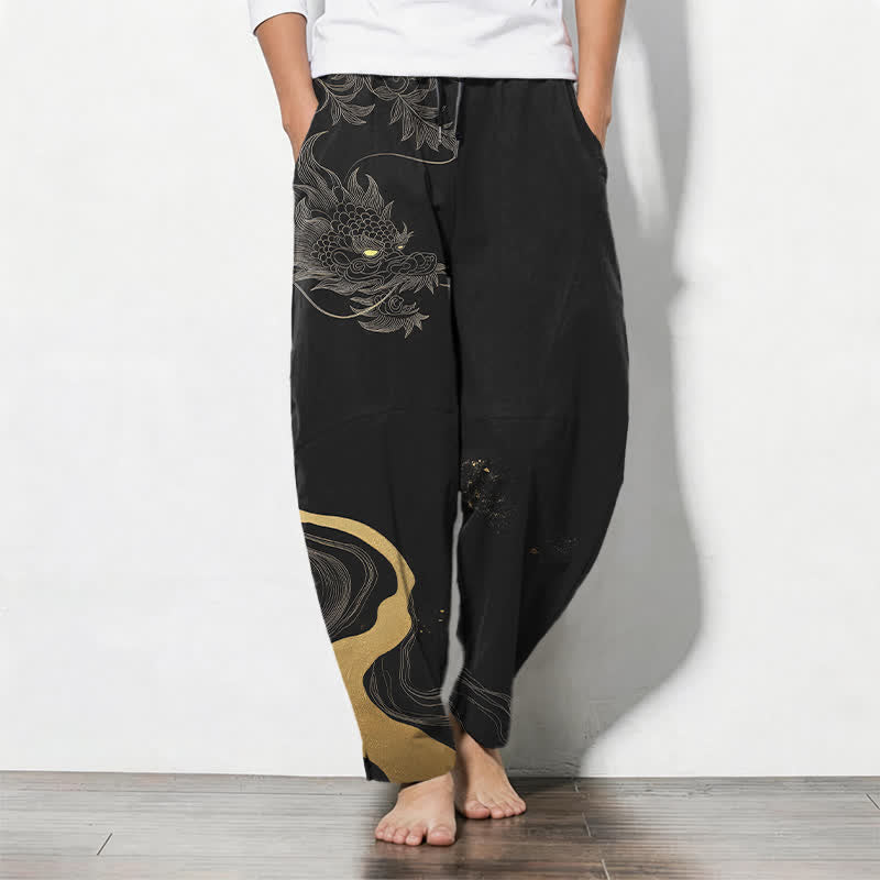 Buddha Stones Pantalon fuselé pour homme en pur coton avec cordon de serrage, motif vague et dragon doré, et poches. - Noir - US/UK/AU50，EU60 (5XL) - image 0