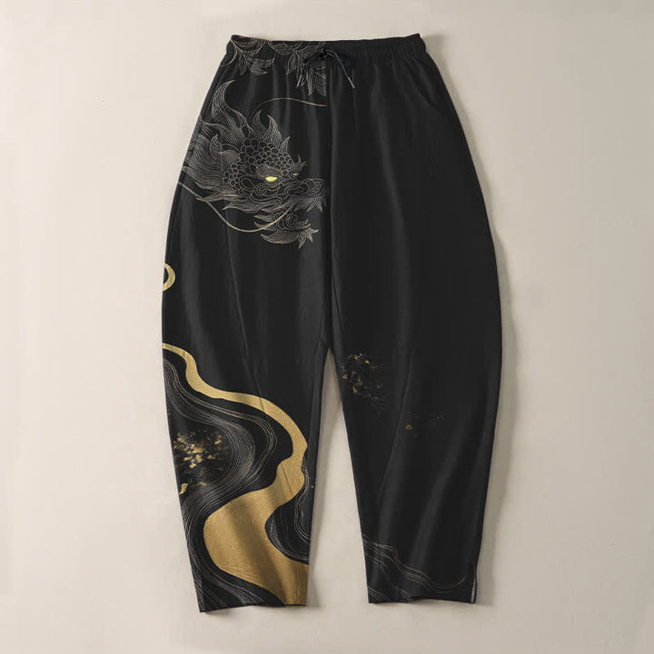 Buddha Stones Pantalon fuselé pour homme en pur coton avec cordon de serrage, motif vague et dragon doré, et poches. - image 2