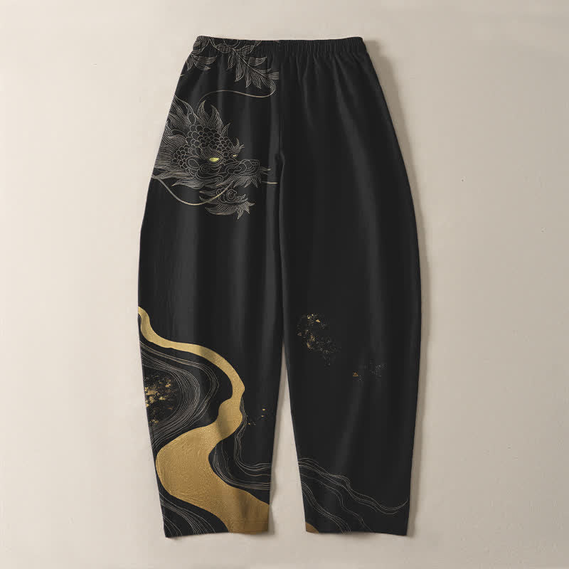 Buddha Stones Pantalon fuselé pour homme en pur coton avec cordon de serrage, motif vague et dragon doré, et poches. - image 3