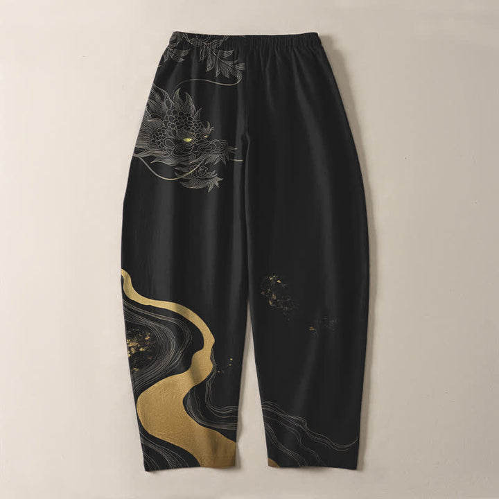 Buddha Stones Pantalon fuselé pour homme en pur coton avec cordon de serrage, motif vague et dragon doré, et poches. - image 3