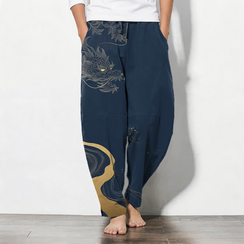 Buddha Stones Pantalon fuselé pour homme en pur coton avec cordon de serrage, motif vague et dragon doré, et poches. - Marine - US/UK/AU50，EU60 (5XL) - image 7