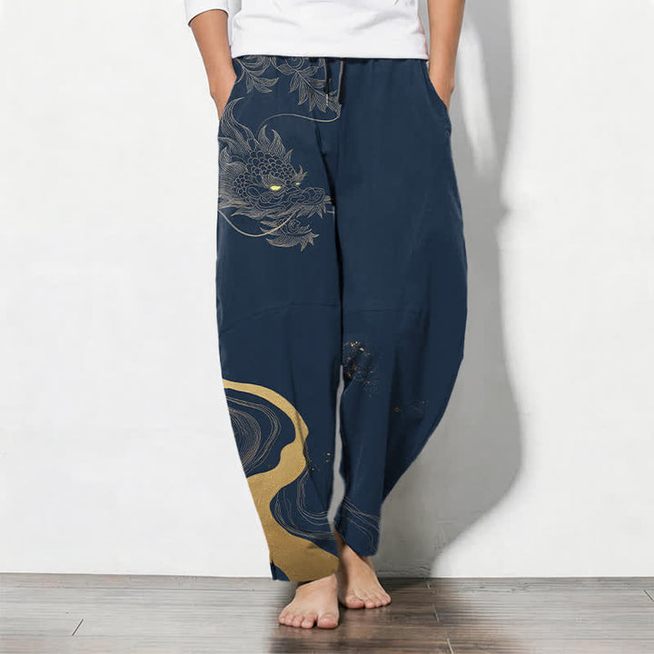 Buddha Stones Pantalon fuselé pour homme en pur coton avec cordon de serrage, motif vague et dragon doré, et poches. - Marine - US/UK/AU50，EU60 (5XL) - image 7