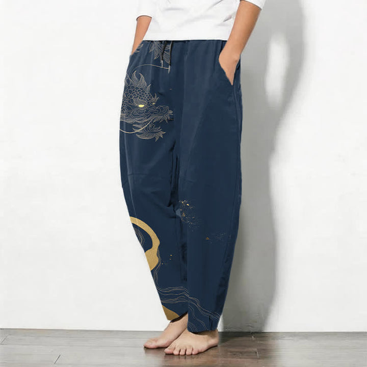Buddha Stones Pantalon fuselé pour homme en pur coton avec cordon de serrage, motif vague et dragon doré, et poches. - image 8