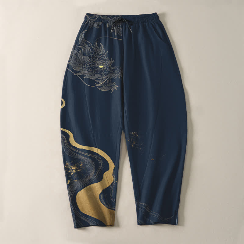 Buddha Stones Pantalon fuselé pour homme en pur coton avec cordon de serrage, motif vague et dragon doré, et poches. - image 9