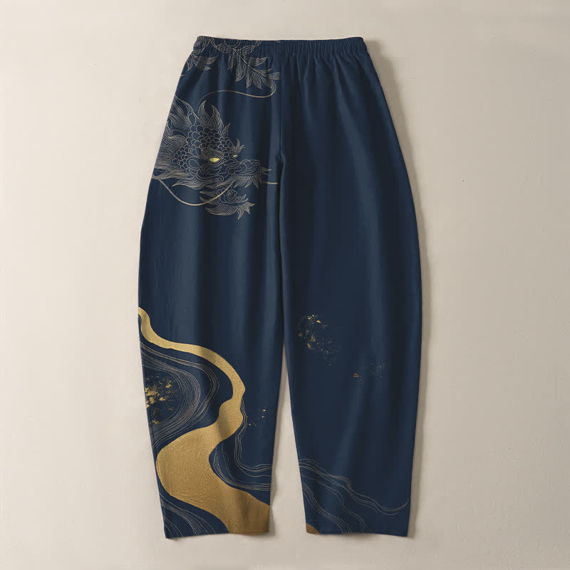 Buddha Stones Pantalon fuselé pour homme en pur coton avec cordon de serrage, motif vague et dragon doré, et poches. - image 10
