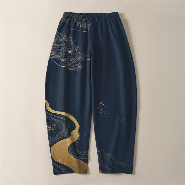 Buddha Stones Pantalon fuselé pour homme en pur coton avec cordon de serrage, motif vague et dragon doré, et poches. - image 10