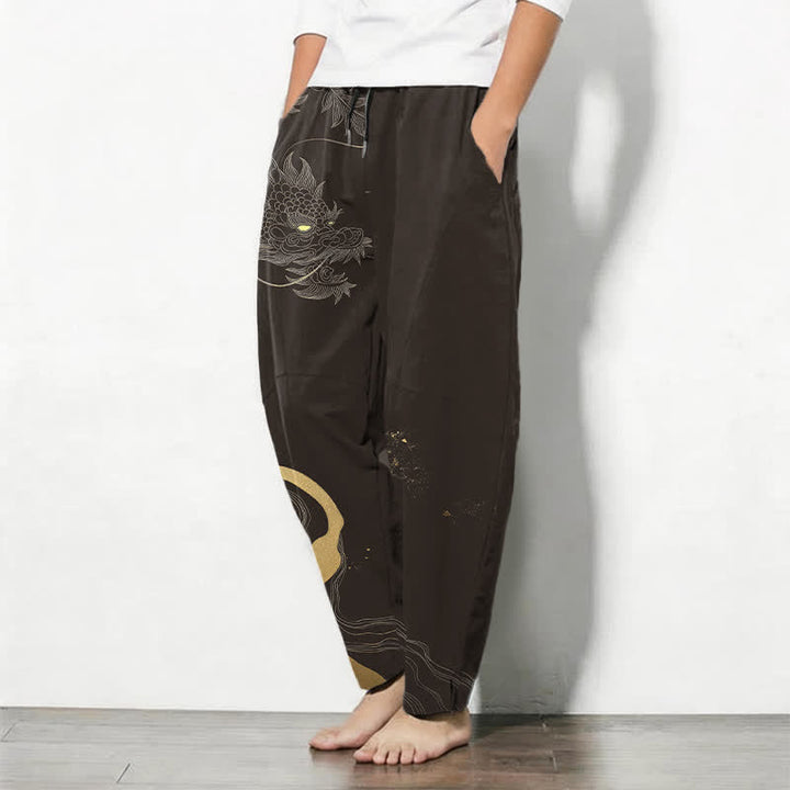 Buddha Stones Pantalon fuselé pour homme en pur coton avec cordon de serrage, motif vague et dragon doré, et poches. - image 12