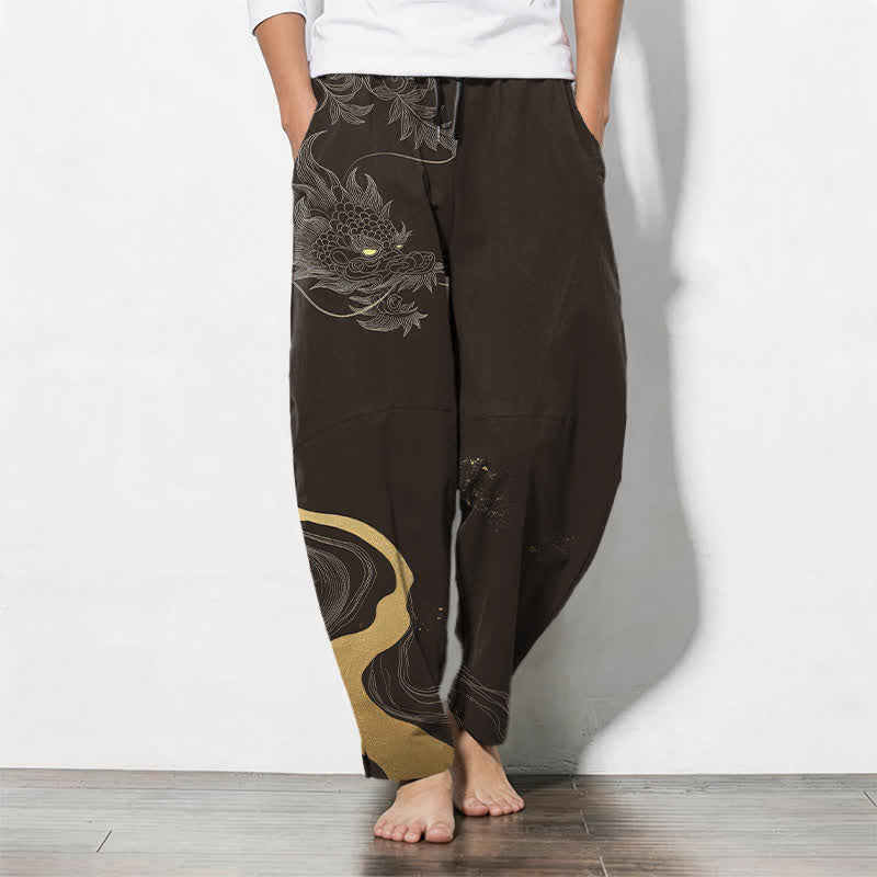 Buddha Stones Pantalon fuselé pour homme en pur coton avec cordon de serrage, motif vague et dragon doré, et poches. - SaddleBrown - US/UK/AU50，EU60 (5XL) - image 11