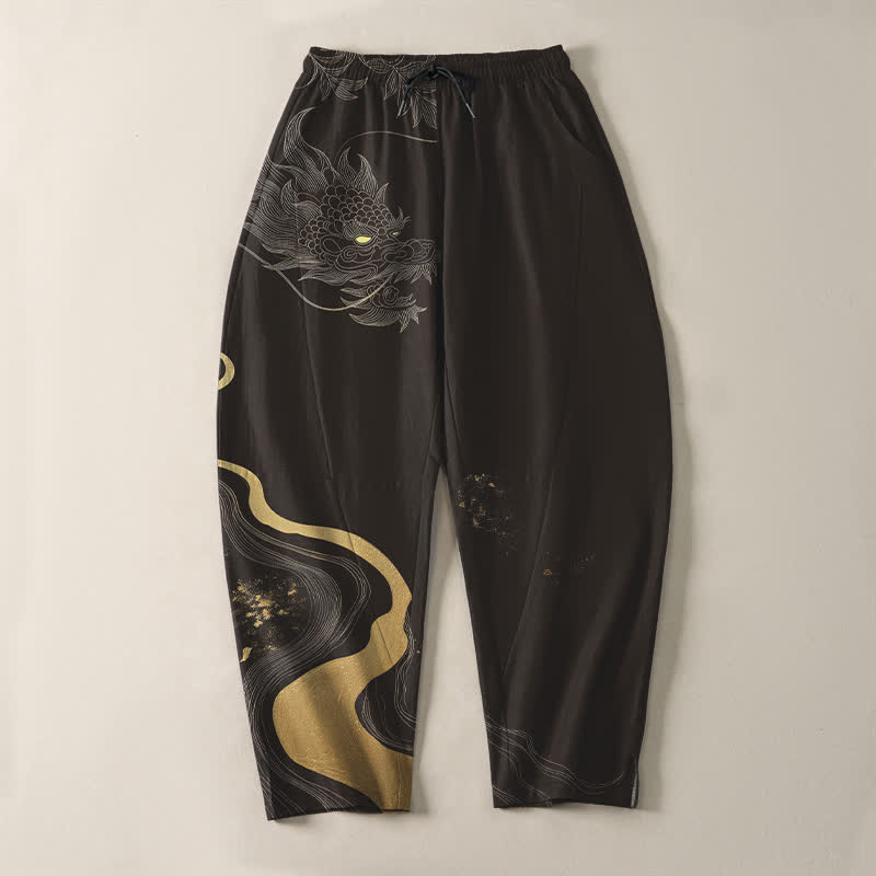 Buddha Stones Pantalon fuselé pour homme en pur coton avec cordon de serrage, motif vague et dragon doré, et poches. - image 13