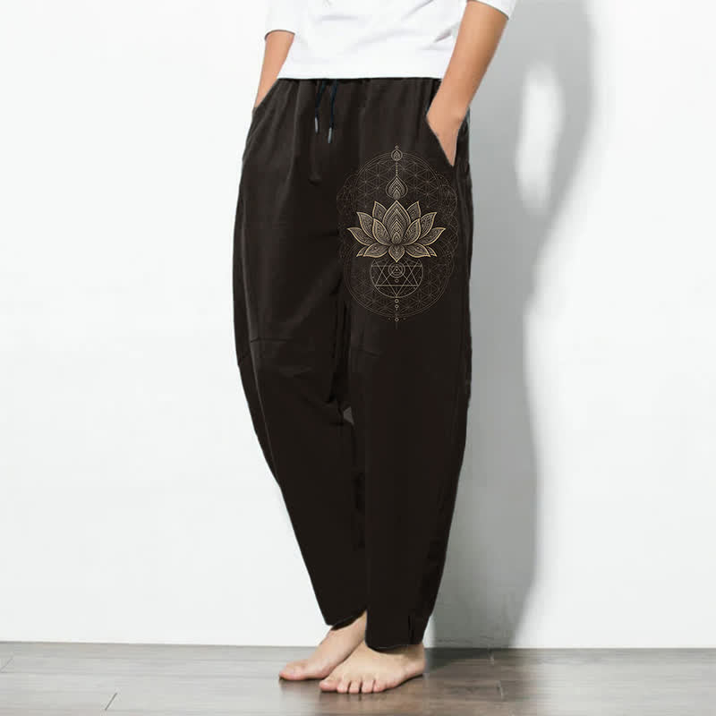 Buddha Stones Pantalon fuselé pour homme en pur coton avec cordon de serrage et poches, motif géométrique lotus mandala. - image 1