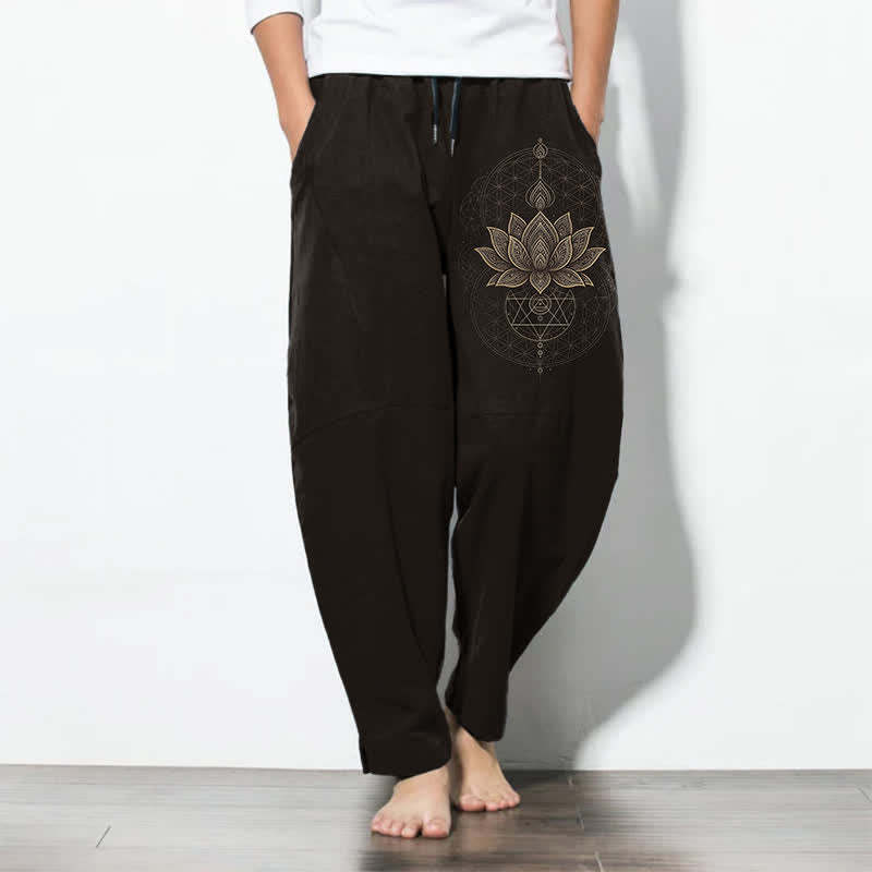 Buddha Stones Pantalon fuselé pour homme en pur coton avec cordon de serrage et poches, motif géométrique lotus mandala. - Noir - US/UK/AU50，EU60 (5XL) - image 0