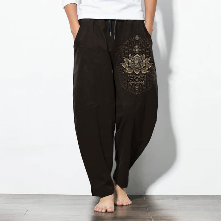 Buddha Stones Pantalon fuselé pour homme en pur coton avec cordon de serrage et poches, motif géométrique lotus mandala. - Noir - US/UK/AU50，EU60 (5XL) - image 0