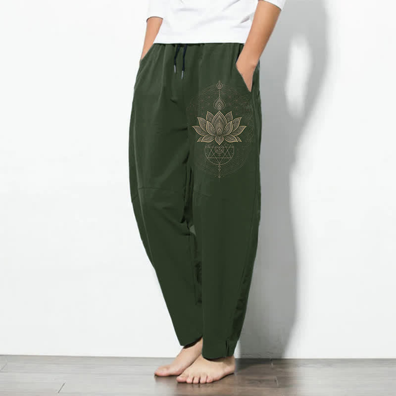 Buddha Stones Pantalon fuselé pour homme en pur coton avec cordon de serrage et poches, motif géométrique lotus mandala. - image 8