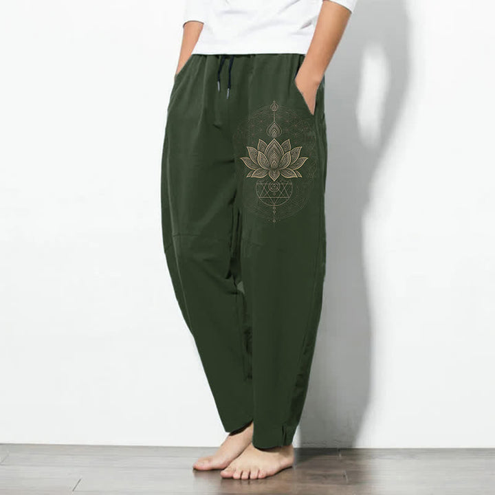 Buddha Stones Pantalon fuselé pour homme en pur coton avec cordon de serrage et poches, motif géométrique lotus mandala. - image 8