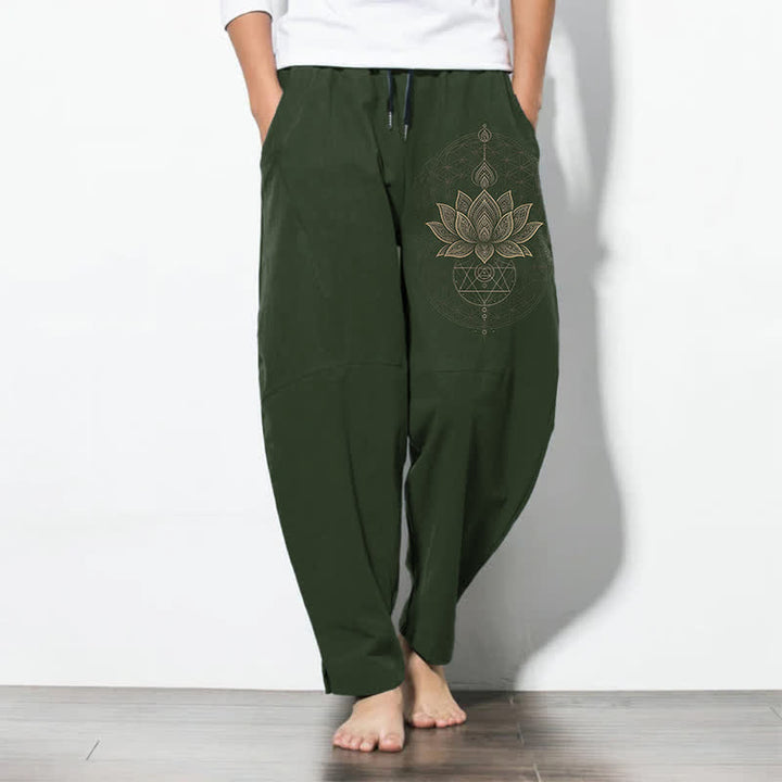 Buddha Stones Pantalon fuselé pour homme en pur coton avec cordon de serrage et poches, motif géométrique lotus mandala. - Vert olive foncé - US/UK/AU50，EU60 (5XL) - image 7
