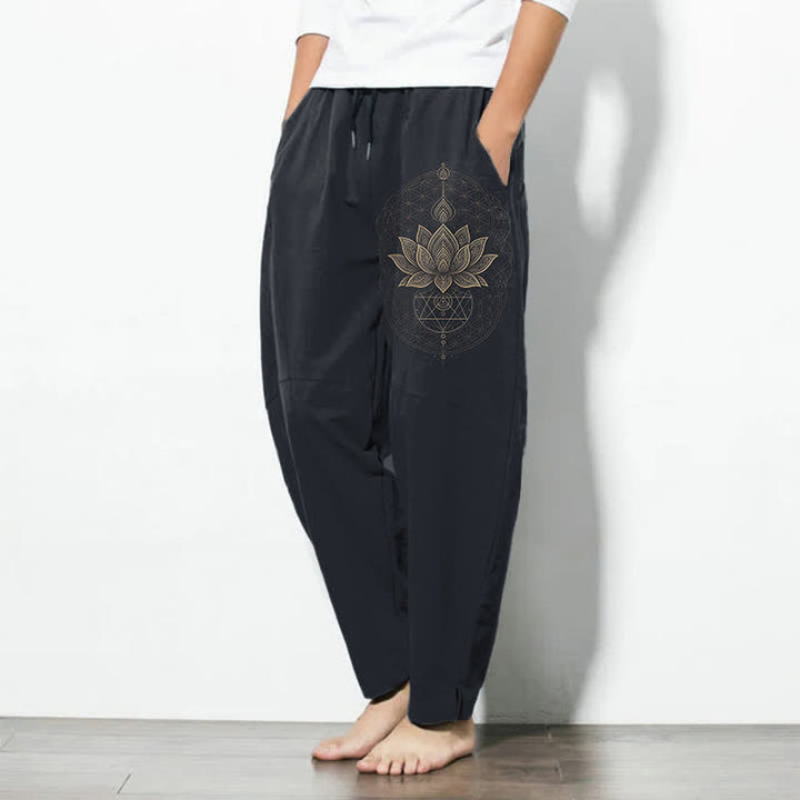 Buddha Stones Pantalon fuselé pour homme en pur coton avec cordon de serrage et poches, motif géométrique lotus mandala. - image 12